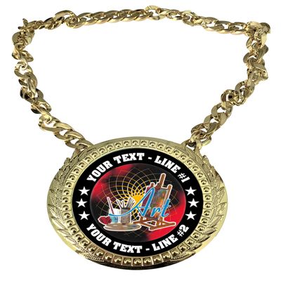 Express Medals Custom Art Champ Chain Trophy with 2 Lines of Personalized Text on a Large Rigid Plastic Award Medal and 34 Inch Long Gold Color Neck Chain. FCL405