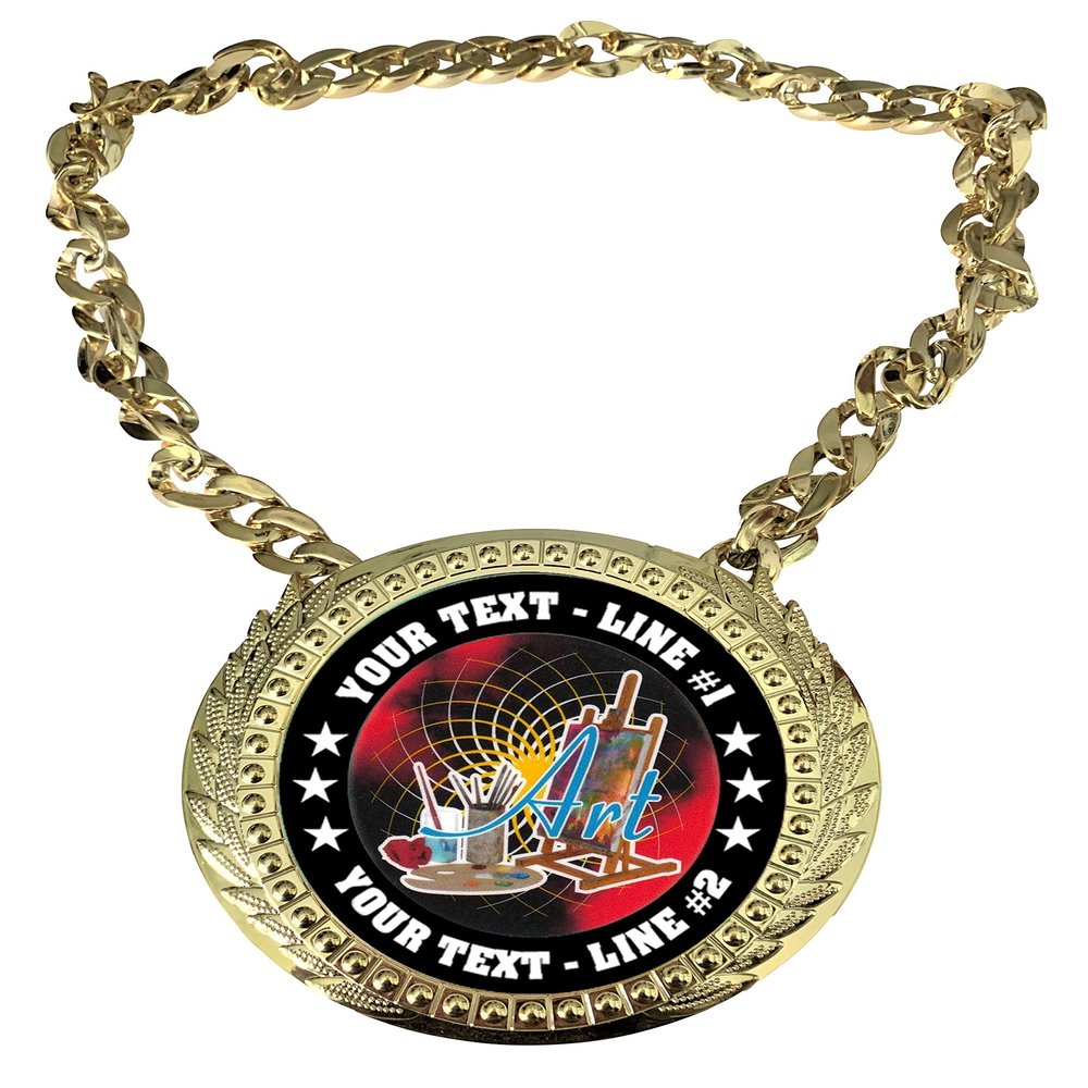 Express Medals Custom Art Champ Chain Trophy with 2 Lines of Personalized Text on a Large Rigid Plastic Award Medal and 34 Inch Long Gold Color Neck Chain. FCL405