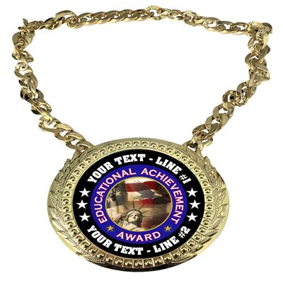 Express Medals Custom Educatonal Achievement Champ Chain Trophy with 2 Lines of Personalized Text on a Large Rigid Plastic Award Medal and 34 Inch Long Gold Color Neck Chain. FCL465