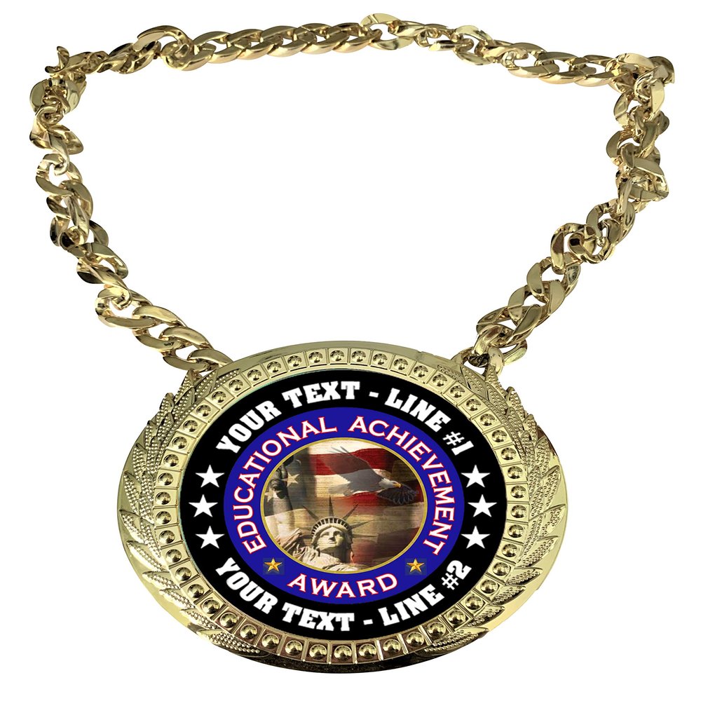 Express Medals Custom Educatonal Achievement Champ Chain Trophy with 2 Lines of Personalized Text on a Large Rigid Plastic Award Medal and 34 Inch Long Gold Color Neck Chain. FCL465