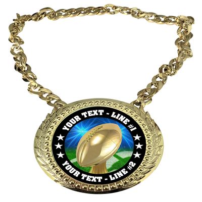 Express Medals Custom Football Champ Chain Trophy with 2 Lines of Personalized Text on a Large Rigid Plastic Award Medal and 34 Inch Long Gold Color Neck Chain. D20