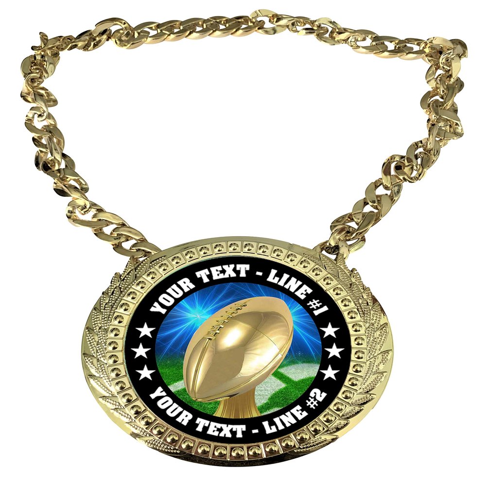 Express Medals Custom Football Champ Chain Trophy with 2 Lines of Personalized Text on a Large Rigid Plastic Award Medal and 34 Inch Long Gold Color Neck Chain. D20
