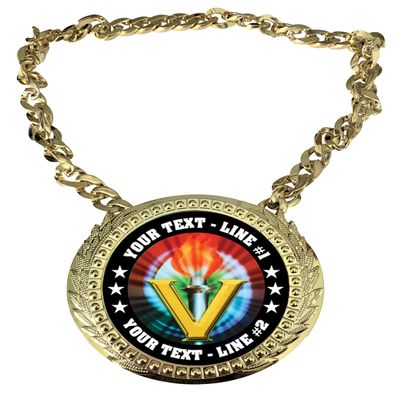 Express Medals Custom Victory Torch Champ Chain Trophy with 2 Lines of Personalized Text on a Large Rigid Plastic Award Medal and 34 Inch Long Gold Color Neck Chain. MY451