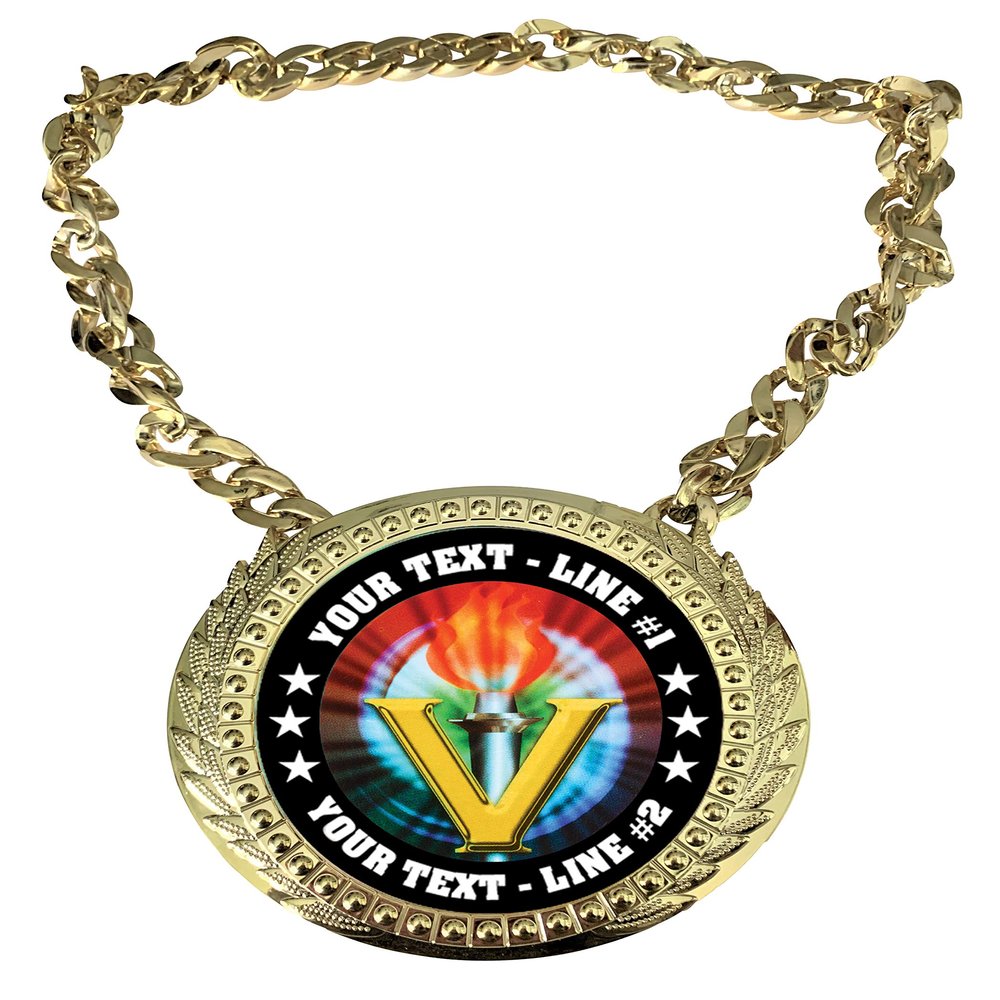 Express Medals Custom Victory Torch Champ Chain Trophy with 2 Lines of Personalized Text on a Large Rigid Plastic Award Medal and 34 Inch Long Gold Color Neck Chain. MY451