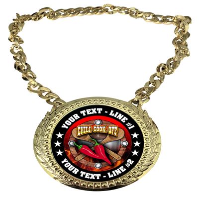 Express Medals Custom Chili Cook Off Champ Chain Trophy with 2 Lines of Personalized Text on a Large Rigid Plastic Award Medal and 34 Inch Long Gold Color Neck Chain. FCL437