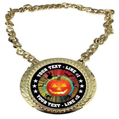 Express Medals Custom Pumpkin Halloween Champ Chain Trophy with 2 Lines of Personalized Text on a Large Rigid Plastic Award Medal and 34 Inch Long Gold Color Neck Chain. MY478