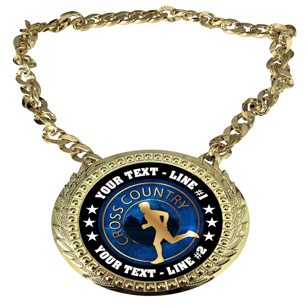 Express Medals Custom Cross Country Champ Chain Trophy with 2 Lines of Personalized Text on a Large Rigid Plastic Award Medal and 34 Inch Long Gold Color Neck Chain. EG20