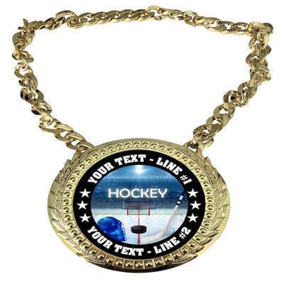 Express Medals Custom Hockey Champ Chain Trophy with 2 Lines of Personalized Text on a Large Rigid Plastic Award Medal and 34 Inch Long Gold Color Neck Chain. EG140