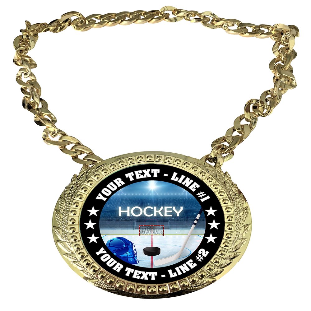 Express Medals Custom Hockey Champ Chain Trophy with 2 Lines of Personalized Text on a Large Rigid Plastic Award Medal and 34 Inch Long Gold Color Neck Chain. EG140