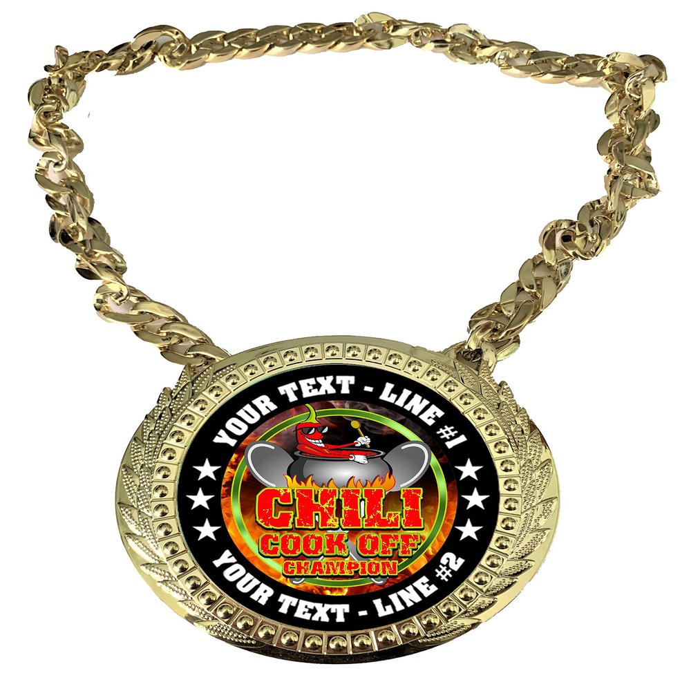 Express Medals Custom Chili Cook Off Champ Chain Trophy with 2 Lines of Personalized Text on a Large Rigid Plastic Award Medal and 34 Inch Long Gold Color Neck Chain. Chili