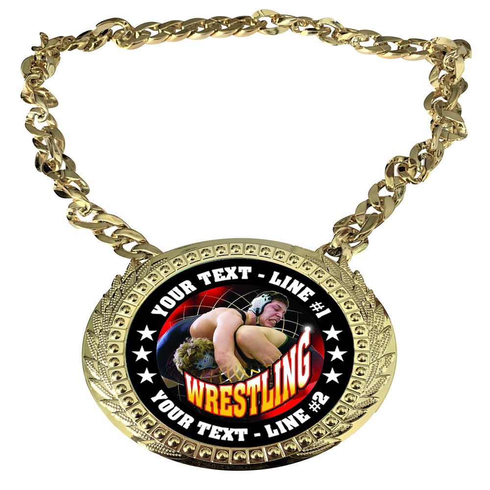Express Medals Custom Wrestling Wrestler Champ Chain Trophy with 2 Lines of Personalized Text on a Large Rigid Plastic Award Medal and 34 Inch Long Gold Color Neck Chain. FCL576