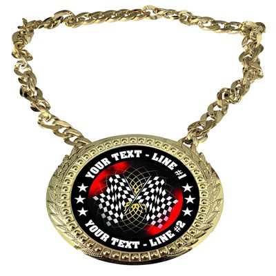 Express Medals Custom Auto Racing Flags Champ Chain Trophy with 2 Lines of Personalized Text on a Large Rigid Plastic Award Medal and 34 Inch Long Gold Color Neck Chain. FCL436