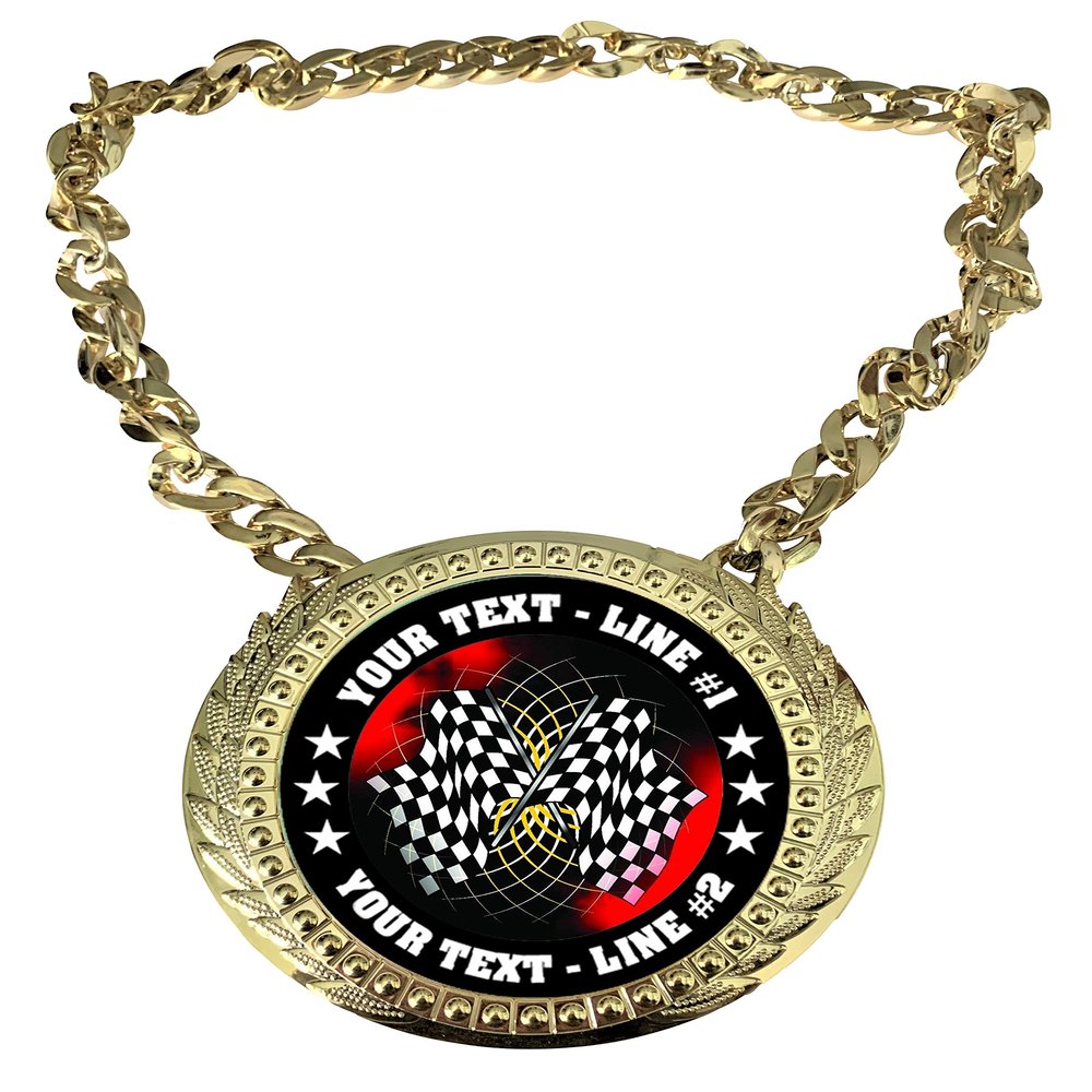 Express Medals Custom Auto Racing Flags Champ Chain Trophy with 2 Lines of Personalized Text on a Large Rigid Plastic Award Medal and 34 Inch Long Gold Color Neck Chain. FCL436