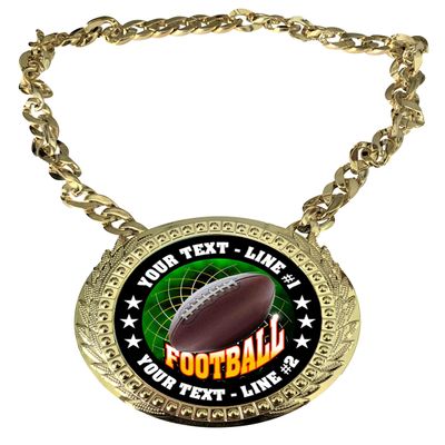 Express Medals Custom Football Champ Chain Trophy with 2 Lines of Personalized Text on a Large Rigid Plastic Award Medal and 34 Inch Long Gold Color Neck Chain. FCL471
