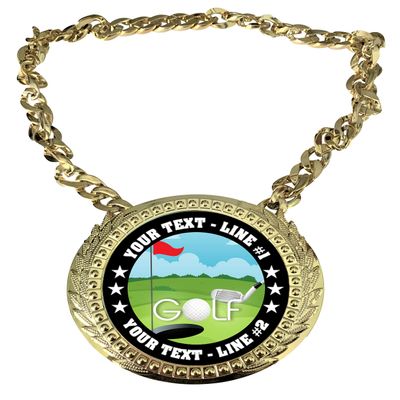 Express Medals Custom Golf Champ Chain Trophy with 2 Lines of Personalized Text on a Large Rigid Plastic Award Medal and 34 Inch Long Gold Color Neck Chain. EG130