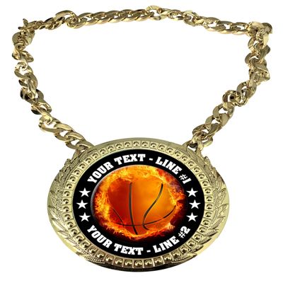 Express Medals Custom Flame Basketball Champ Chain Trophy with 2 Lines of Personalized Text on a Large Rigid Plastic Award Medal and 34 Inch Long Gold Color Neck Chain. EMFCL803