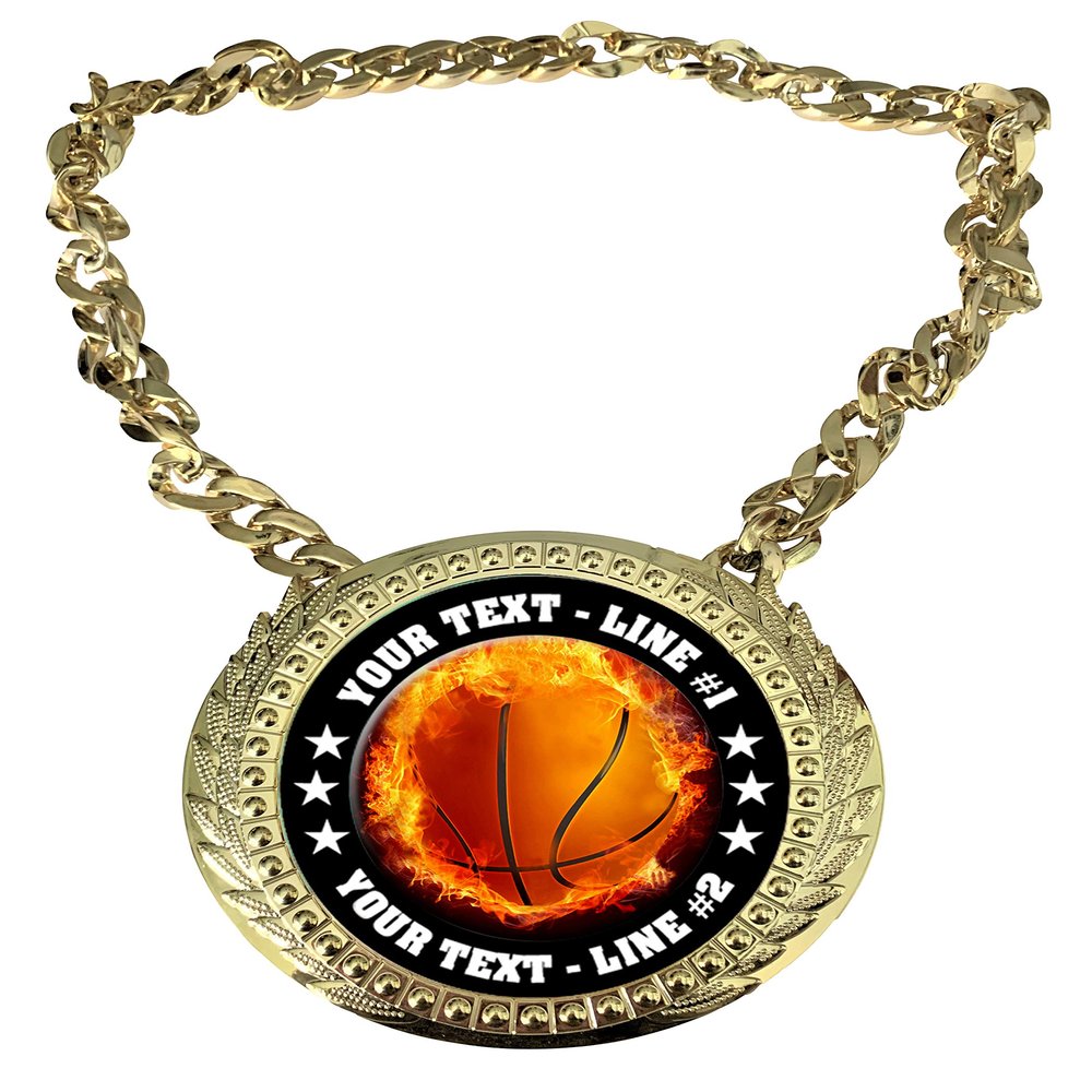 Express Medals Custom Flame Basketball Champ Chain Trophy with 2 Lines of Personalized Text on a Large Rigid Plastic Award Medal and 34 Inch Long Gold Color Neck Chain. EMFCL803