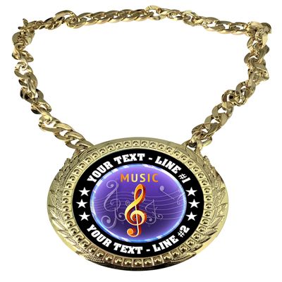 Express Medals Custom Music Champ Chain Trophy with 2 Lines of Personalized Text on a Large Rigid Plastic Award Medal and 34 Inch Long Gold Color Neck Chain. EG160