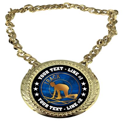 Express Medals Custom Track Champ Chain Trophy with 2 Lines of Personalized Text on a Large Rigid Plastic Award Medal and 34 Inch Long Gold Color Neck Chain. EG58