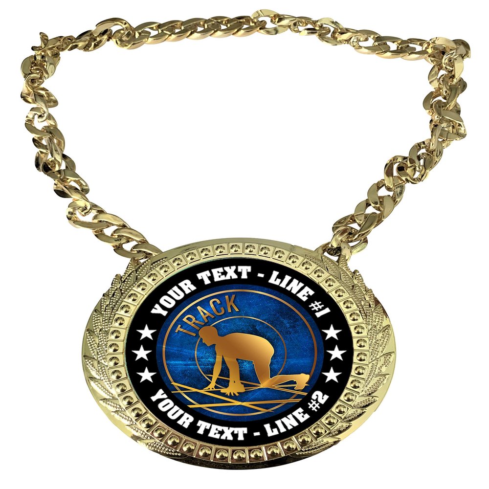 Express Medals Custom Track Champ Chain Trophy with 2 Lines of Personalized Text on a Large Rigid Plastic Award Medal and 34 Inch Long Gold Color Neck Chain. EG58