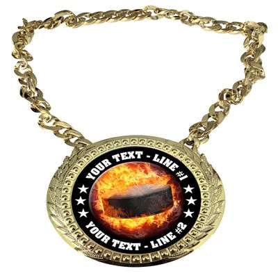 Express Medals Custom Flame Hockey Champ Chain Trophy with 2 Lines of Personalized Text on a Large Rigid Plastic Award Medal and 34 Inch Long Gold Color Neck Chain. EMFCL800