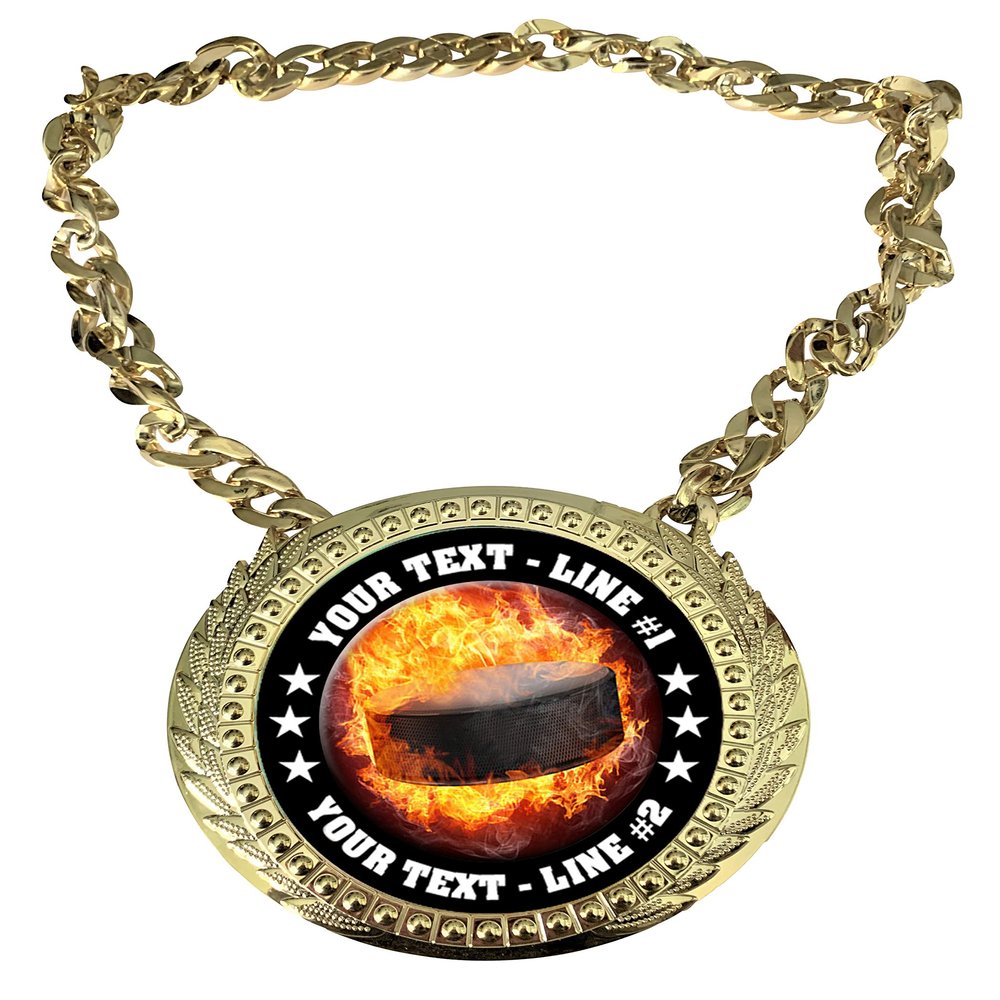 Express Medals Custom Flame Hockey Champ Chain Trophy with 2 Lines of Personalized Text on a Large Rigid Plastic Award Medal and 34 Inch Long Gold Color Neck Chain. EMFCL800