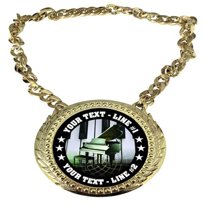 Express Medals Custom Piano Recital Champ Chain Trophy with 2 Lines of Personalized Text on a Large Rigid Plastic Award Medal and 34 Inch Long Gold Color Neck Chain. FCL524