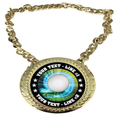 Express Medals Custom Volleyball Champ Chain Trophy with 2 Lines of Personalized Text on a Large Rigid Plastic Award Medal and 34 Inch Long Gold Color Neck Chain. MY452