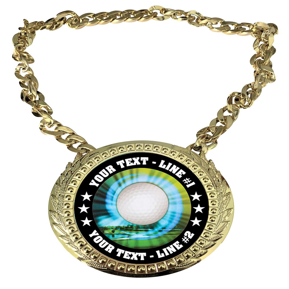 Express Medals Custom Volleyball Champ Chain Trophy with 2 Lines of Personalized Text on a Large Rigid Plastic Award Medal and 34 Inch Long Gold Color Neck Chain. MY452