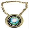 Express Medals Custom Volleyball Champ Chain Trophy with 2 Lines of Personalized Text on a Large Rigid Plastic Award Medal and 34 Inch Long Gold Color Neck Chain. MY452 view 1