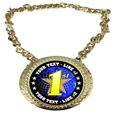 Express Medals Custom First Place 1st Champ Chain Trophy with 2 Lines of Personalized Text on a Large Rigid Plastic Award Medal and 34 Inch Long Gold Color Neck Chain. FCL581