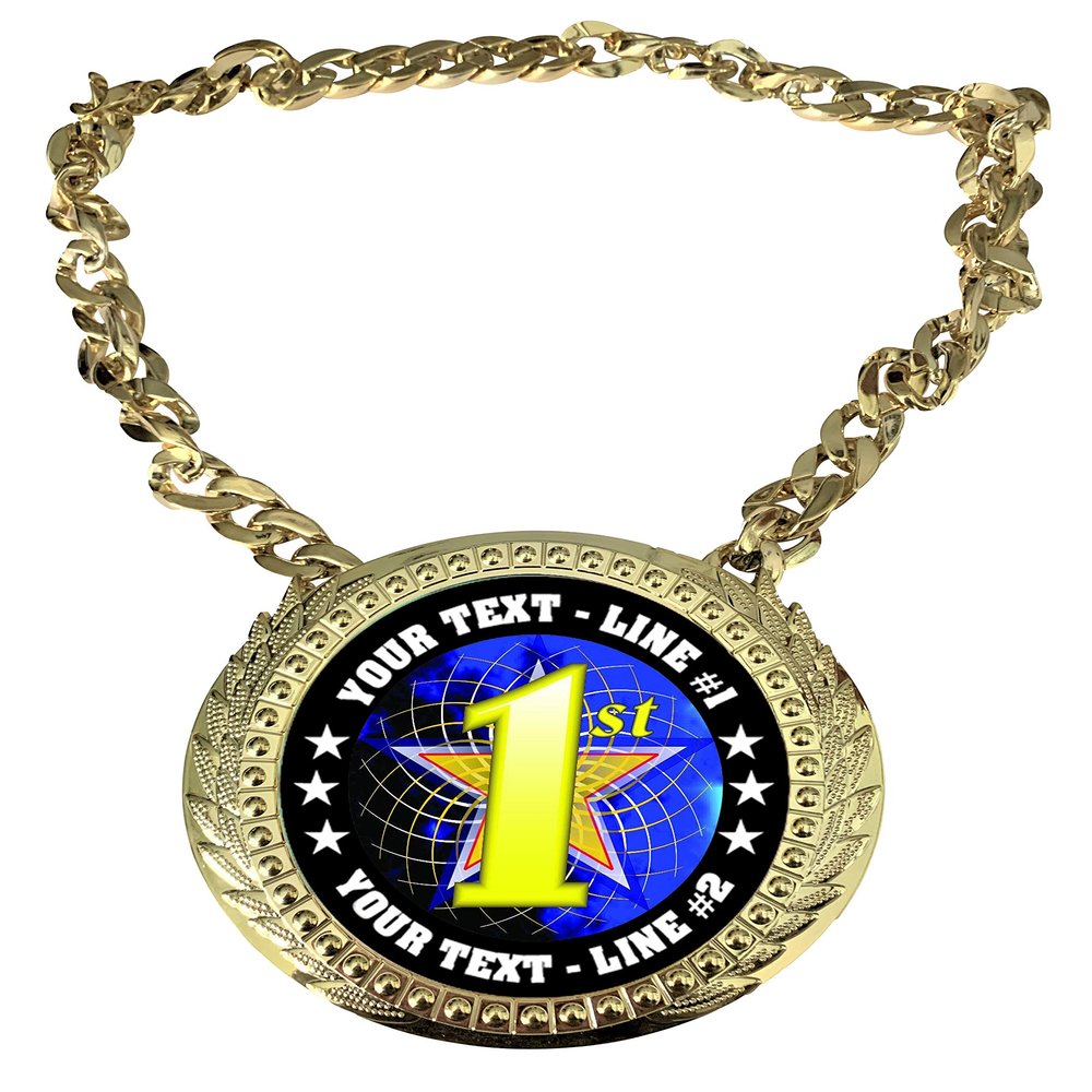 Express Medals Custom First Place 1st Champ Chain Trophy with 2 Lines of Personalized Text on a Large Rigid Plastic Award Medal and 34 Inch Long Gold Color Neck Chain. FCL581