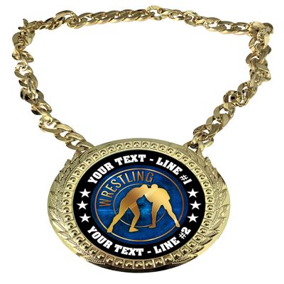 Express Medals Custom Wrestling Champ Chain Trophy with 2 Lines of Personalized Text on a Large Rigid Plastic Award Medal and 34 Inch Long Gold Color Neck Chain. EG62