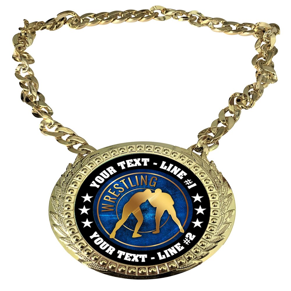 Express Medals Custom Wrestling Champ Chain Trophy with 2 Lines of Personalized Text on a Large Rigid Plastic Award Medal and 34 Inch Long Gold Color Neck Chain. EG62