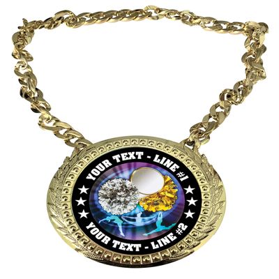 Express Medals Custom Cheerleading Cheer Champ Chain Trophy with 2 Lines of Personalized Text on a Large Rigid Plastic Award Medal and 34 Inch Long Gold Color Neck Chain. MY413