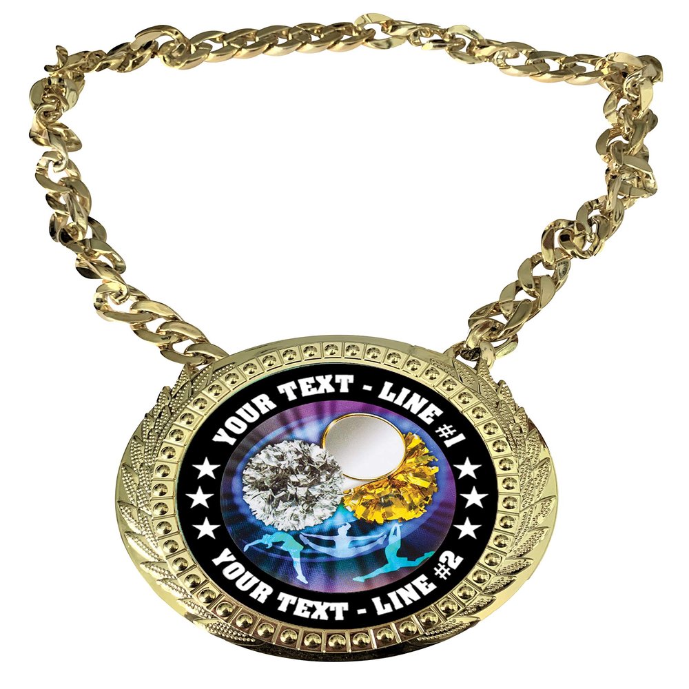 Express Medals Custom Cheerleading Cheer Champ Chain Trophy with 2 Lines of Personalized Text on a Large Rigid Plastic Award Medal and 34 Inch Long Gold Color Neck Chain. MY413