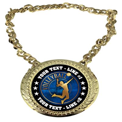 Express Medals Custom Volleyball Champ Chain Trophy with 2 Lines of Personalized Text on a Large Rigid Plastic Award Medal and 34 Inch Long Gold Color Neck Chain. EG60