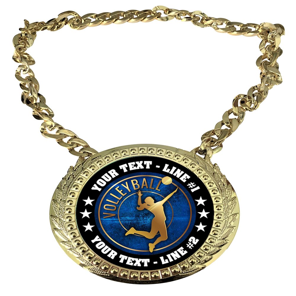 Express Medals Custom Volleyball Champ Chain Trophy with 2 Lines of Personalized Text on a Large Rigid Plastic Award Medal and 34 Inch Long Gold Color Neck Chain. EG60