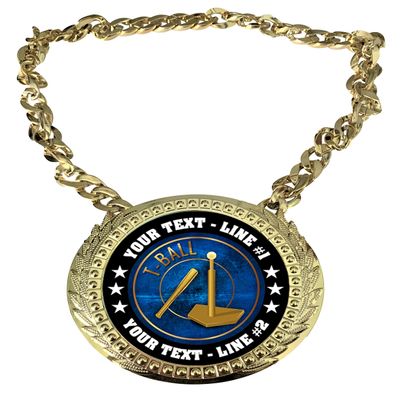 Express Medals Custom T-Ball Tee Ball Champ Chain Trophy with 2 Lines of Personalized Text on a Large Rigid Plastic Award Medal and 34 Inch Long Gold Color Neck Chain. EG54