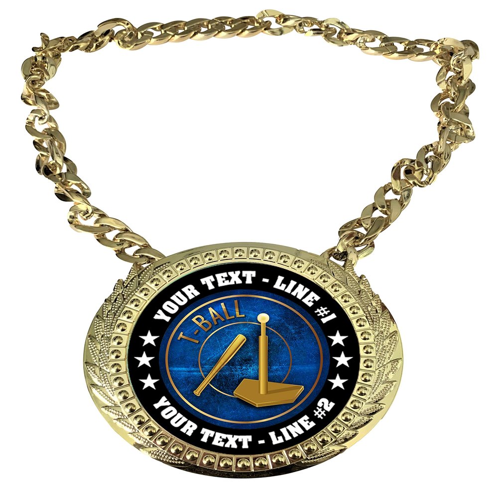 Express Medals Custom T-Ball Tee Ball Champ Chain Trophy with 2 Lines of Personalized Text on a Large Rigid Plastic Award Medal and 34 Inch Long Gold Color Neck Chain. EG54