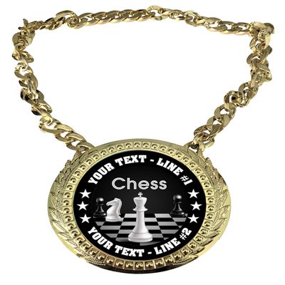 Express Medals Custom Chess Champ Chain Trophy with 2 Lines of Personalized Text on a Large Rigid Plastic Award Medal and 34 Inch Long Gold Color Neck Chain. EG80