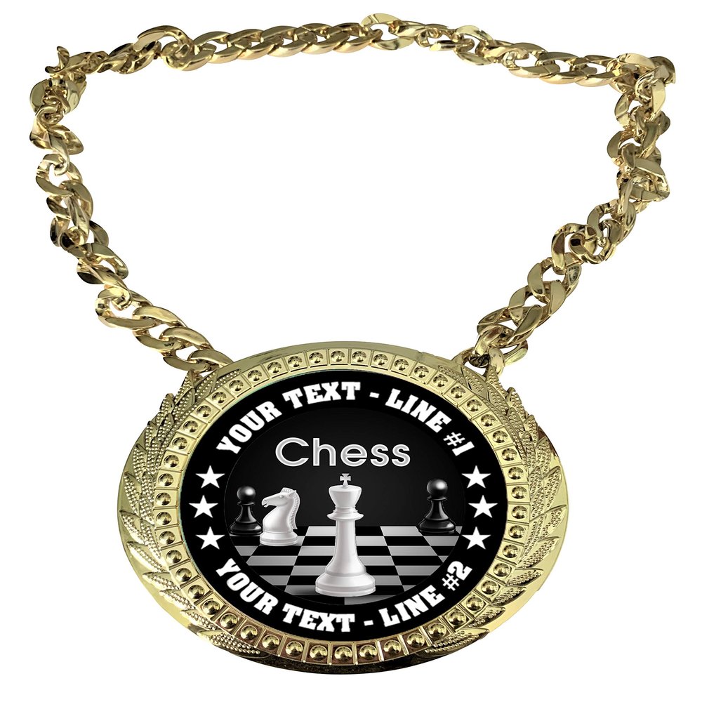 Express Medals Custom Chess Champ Chain Trophy with 2 Lines of Personalized Text on a Large Rigid Plastic Award Medal and 34 Inch Long Gold Color Neck Chain. EG80