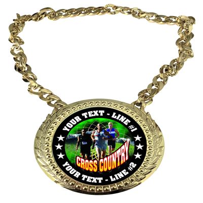 Express Medals Custom Female Cross Country Champ Chain Trophy with 2 Lines of Personalized Text on a Large Rigid Plastic Award Medal and 34 Inch Long Gold Color Neck Chain. FCL445