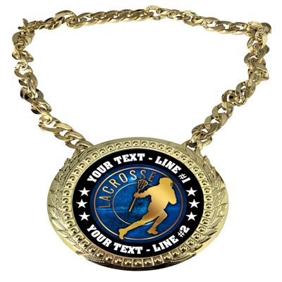 Express Medals Custom Lacrosse Champ Chain Trophy with 2 Lines of Personalized Text on a Large Rigid Plastic Award Medal and 34 Inch Long Gold Color Neck Chain. EG34 - (Pack of 1)