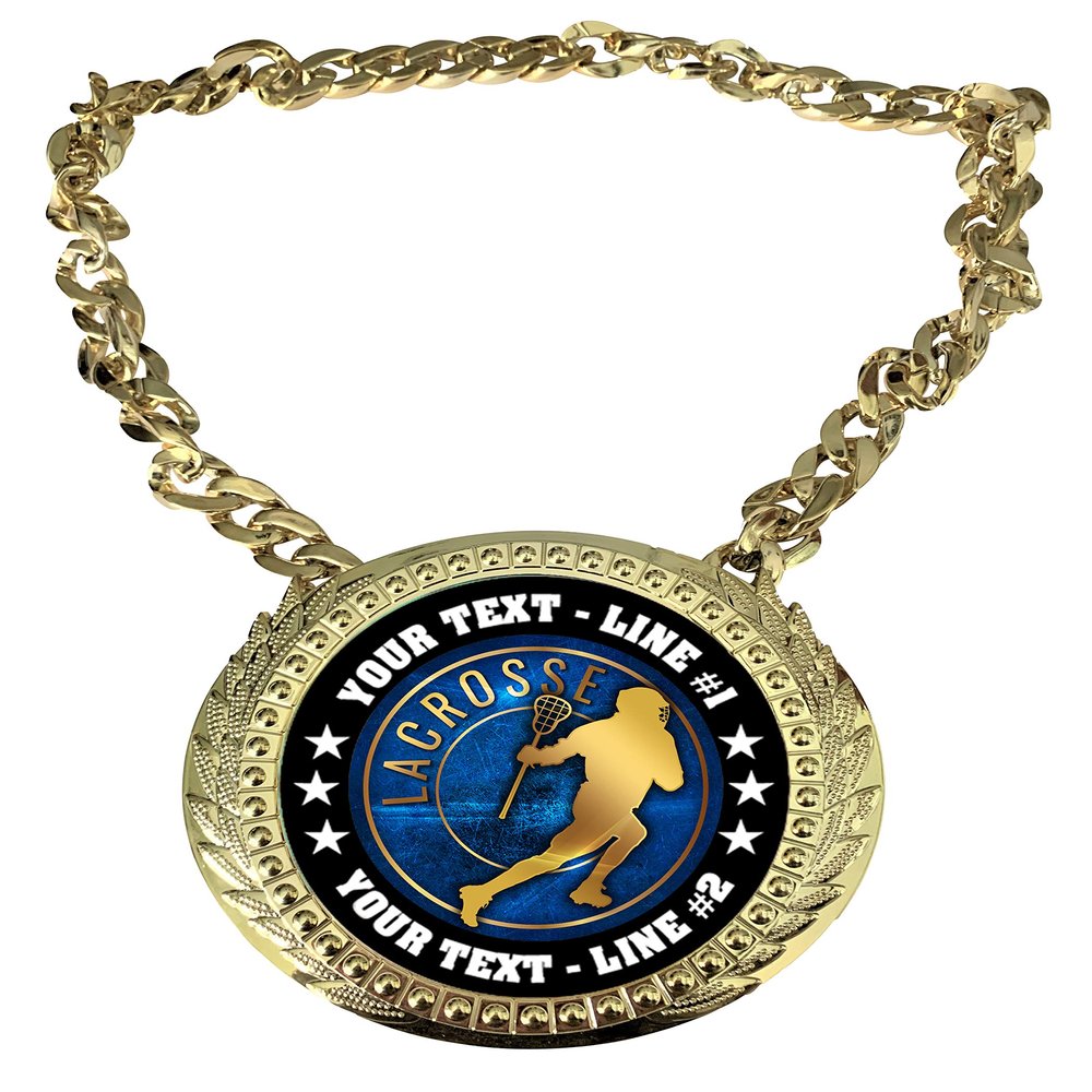 Express Medals Custom Lacrosse Champ Chain Trophy with 2 Lines of Personalized Text on a Large Rigid Plastic Award Medal and 34 Inch Long Gold Color Neck Chain. EG34 - (Pack of 1)