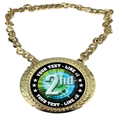 Express Medals Custom 2nd Second Place Champ Chain Trophy with 2 Lines of Personalized Text on a Large Rigid Plastic Award Medal and 34 Inch Long Gold Color Neck Chain. MY462