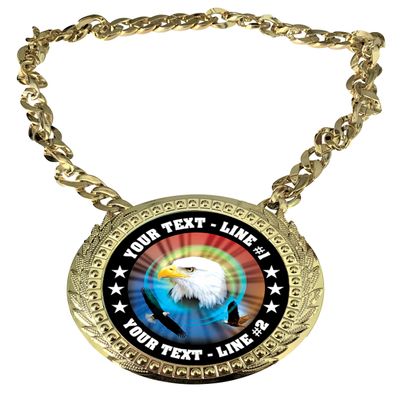 Express Medals Custom American Bald Eagle Champ Chain Trophy with 2 Lines of Personalized Text on a Large Rigid Plastic Award Medal and 34 Inch Long Gold Color Neck Chain. MY472
