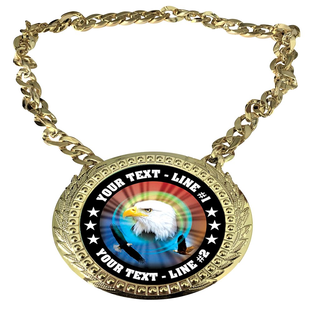 Express Medals Custom American Bald Eagle Champ Chain Trophy with 2 Lines of Personalized Text on a Large Rigid Plastic Award Medal and 34 Inch Long Gold Color Neck Chain. MY472