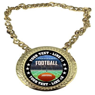 Express Medals Custom Football Champ Chain Trophy with 2 Lines of Personalized Text on a Large Rigid Plastic Award Medal and 34 Inch Long Gold Color Neck Chain. EG120