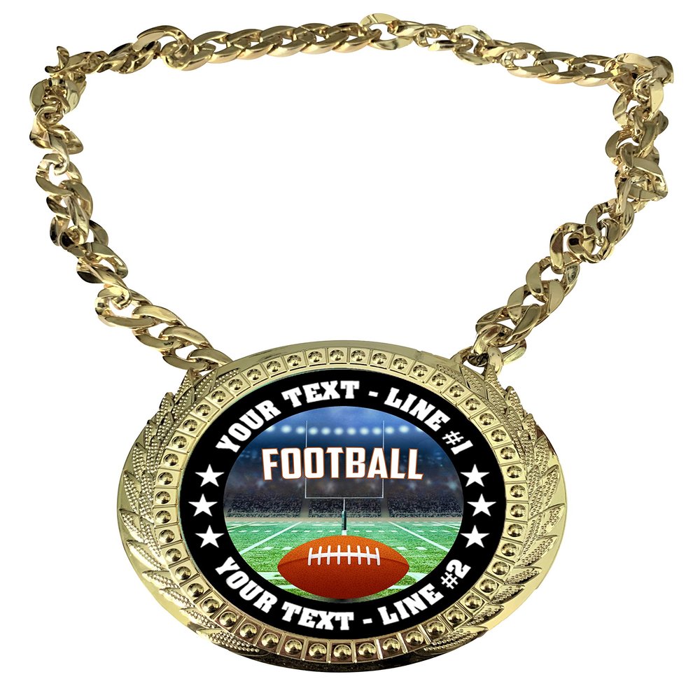 Express Medals Custom Football Champ Chain Trophy with 2 Lines of Personalized Text on a Large Rigid Plastic Award Medal and 34 Inch Long Gold Color Neck Chain. EG120